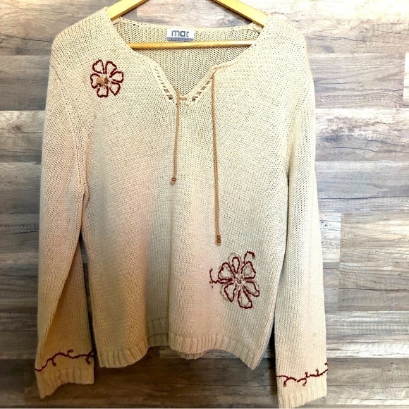 Vintage Boho Cotton Knit Floral Embroidered Pullover Sweater Large - Picture 1 of 8